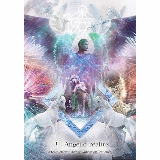 A celestial oracle card depicting angelic beings bathed in divine light, symbolising guidance, protection, and connection to