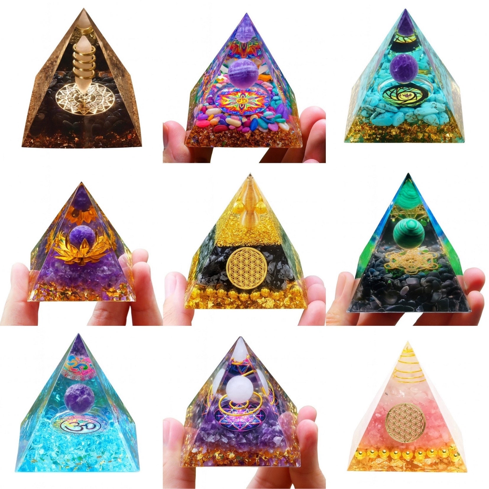 A collection of Orgonite Pyramids, handcrafted with crystals, metals, and resin for energy balancing and EMF protection.