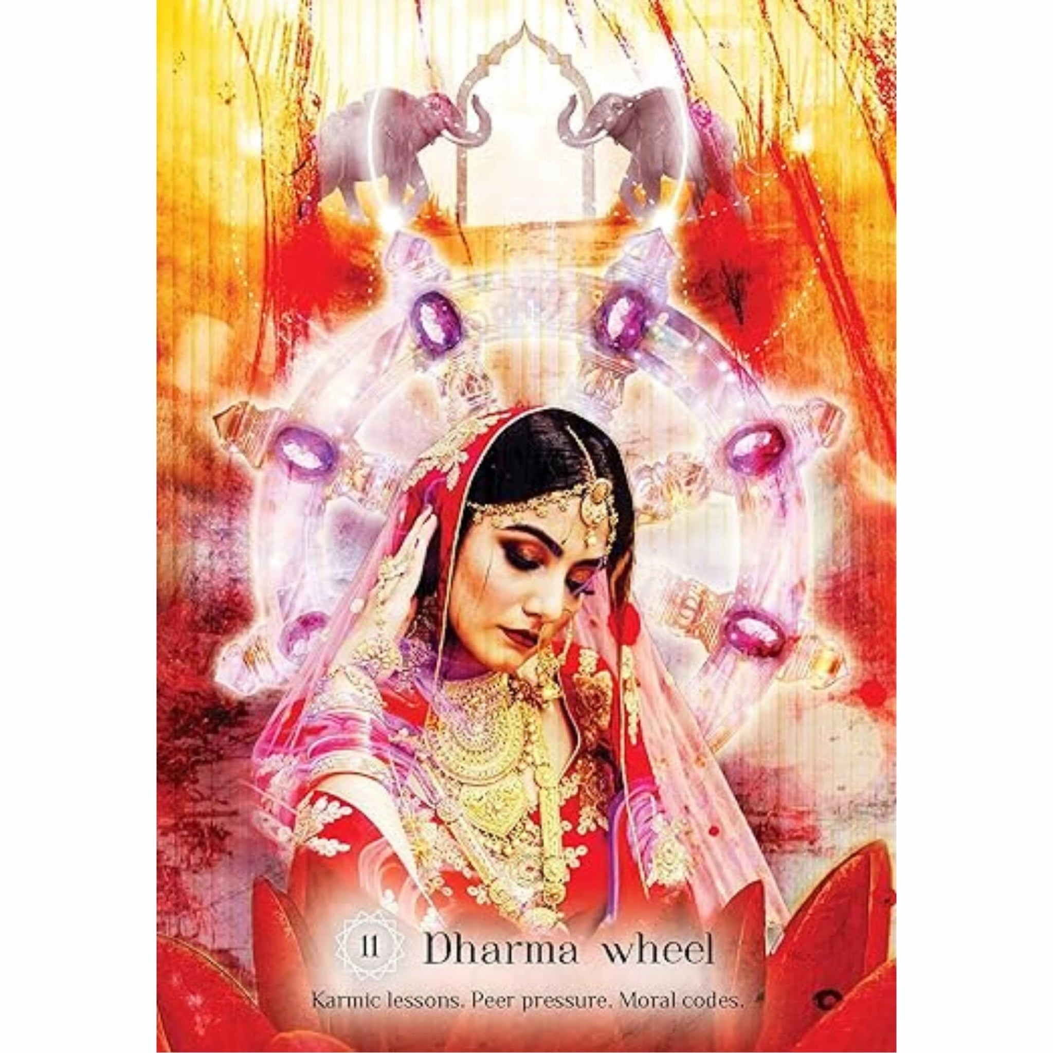A powerful oracle card showing the sacred Dharma Wheel, representing spiritual purpose, karma, and the path to enlightenment.
