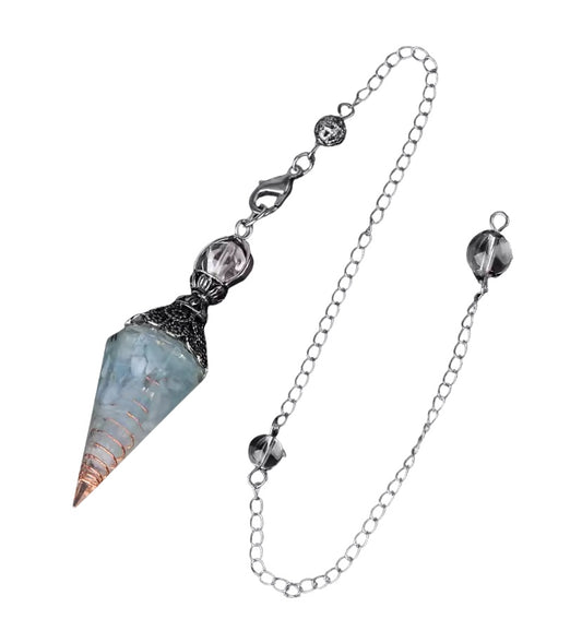 Aquamarine Orgonite Pendulum with copper coil – throat chakra tool for calming energy and communication clarity
