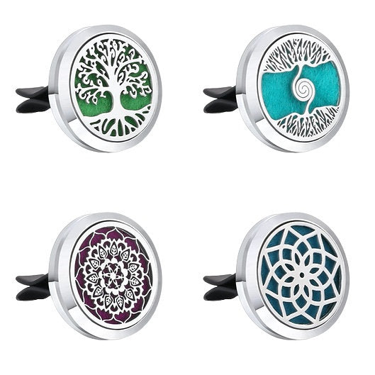 
Aromatherapy Natural Car Diffusers, each featuring a unique laser-cut stainless steel pattern.
