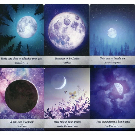 Cards from the Moonology Oracle deck showing moon phases, zodiac positions, and divine guidance.