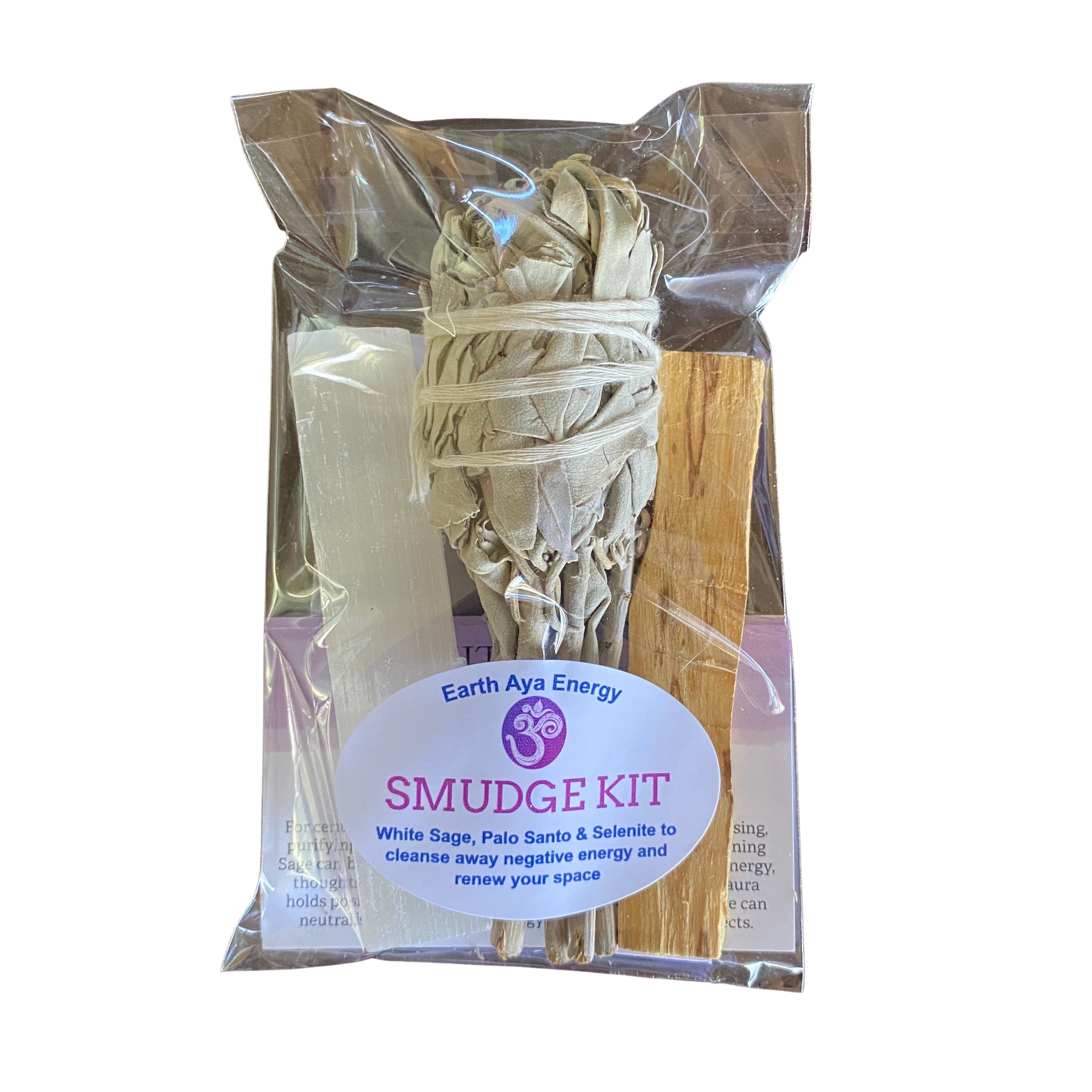 Complete Sage Smudge Kit with White Sage Smudge Stick, Palo Santo, Selenite, and cleansing ritual guide.