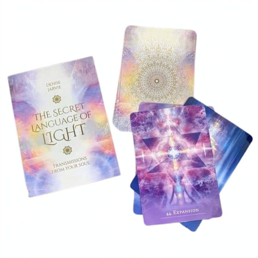 Denise Jarvie’s The Secret Language of Light Oracle Cards – box, guidebook, and luminous cards.