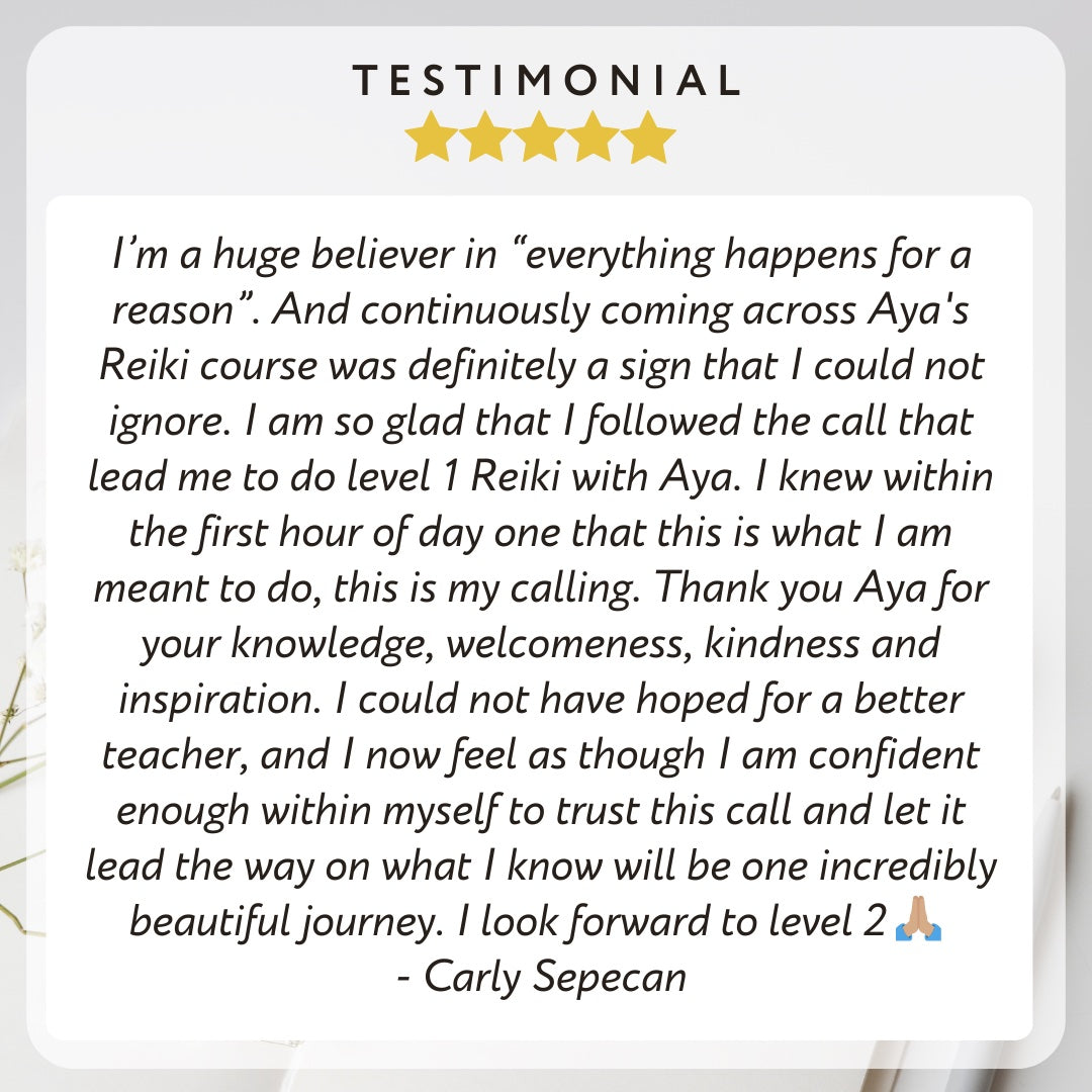 Five-star student review for EarthAyaEnergy Reiki Level 1 Workshop Healesville Yarra Valley
