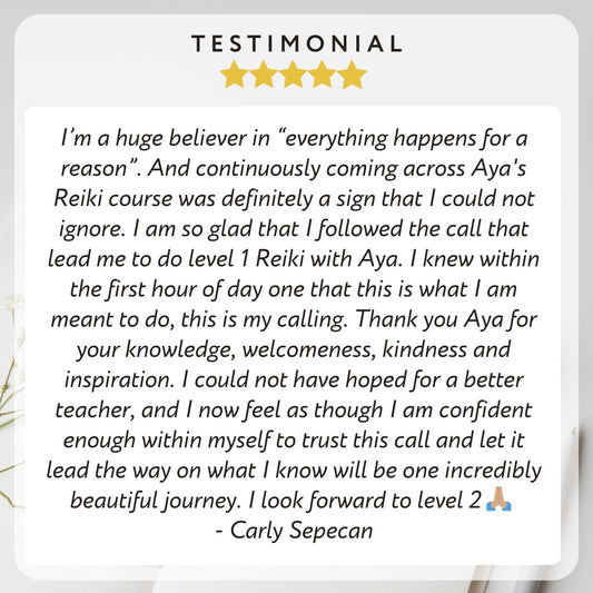 Five-star student review for EarthAyaEnergy Reiki Level 1 Workshop Healesville Yarra Valley