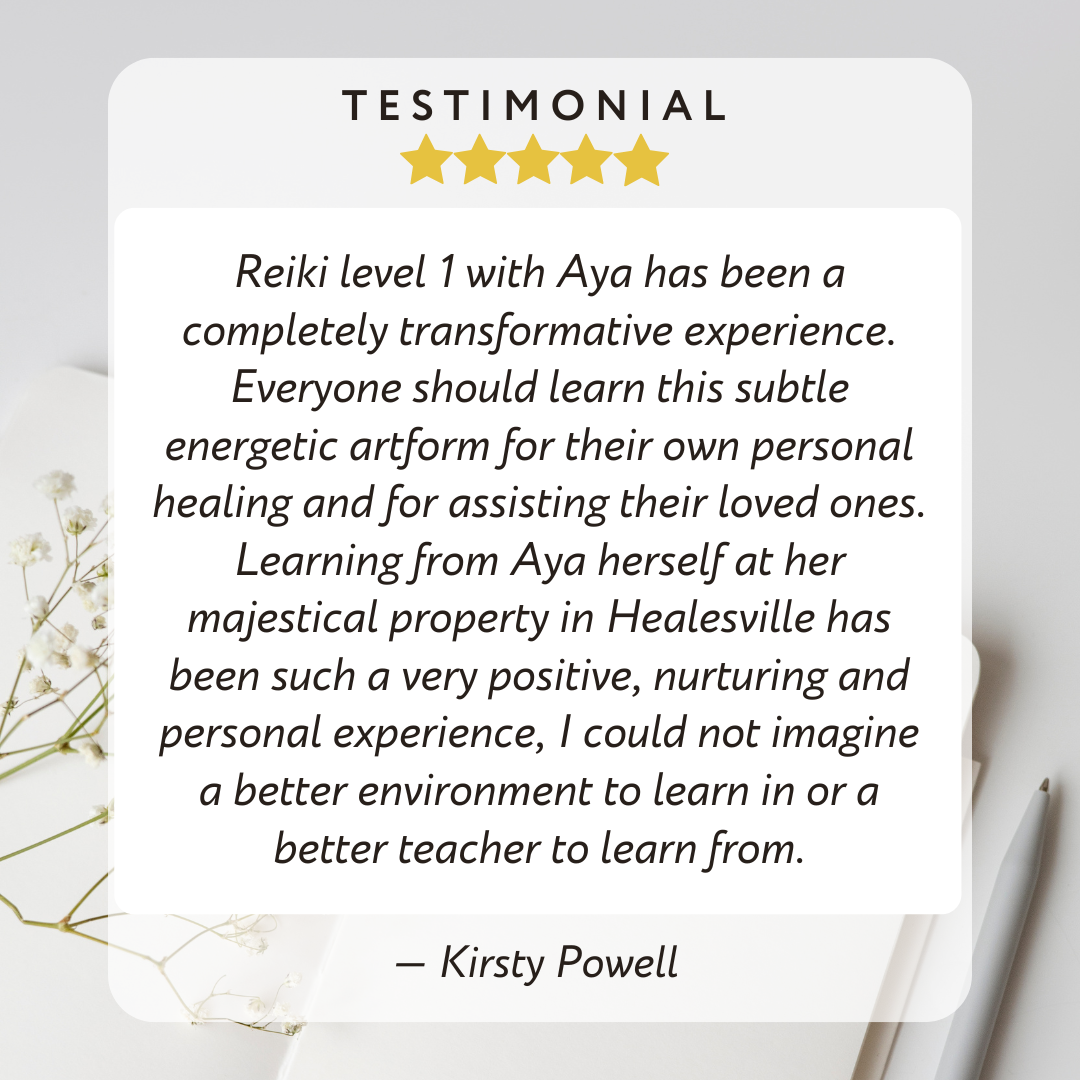 Five-star testimonial for EarthAyaEnergy Reiki Level 1 Workshop Healesville Yarra Valley
