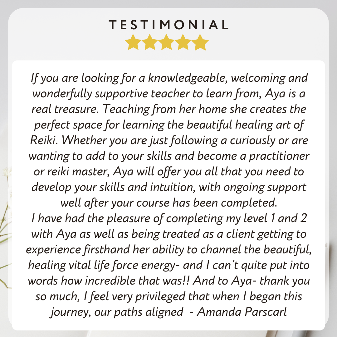 Five-star student testimonial from Amanda for EarthAyaEnergy Reiki Level 2 Practitioner Training Healesville