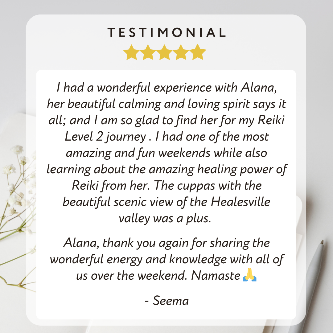 Five-star student testimonial from Seema for EarthAyaEnergy Reiki Level 2 Practitioner Training Healesville