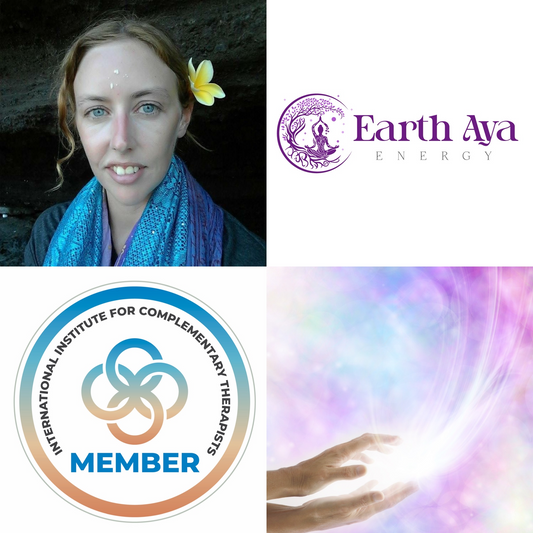 Collage of a photo of Alana, Earth Aya Energy logo, International Institute for Complementary Therapists logo, and a hand with energy.