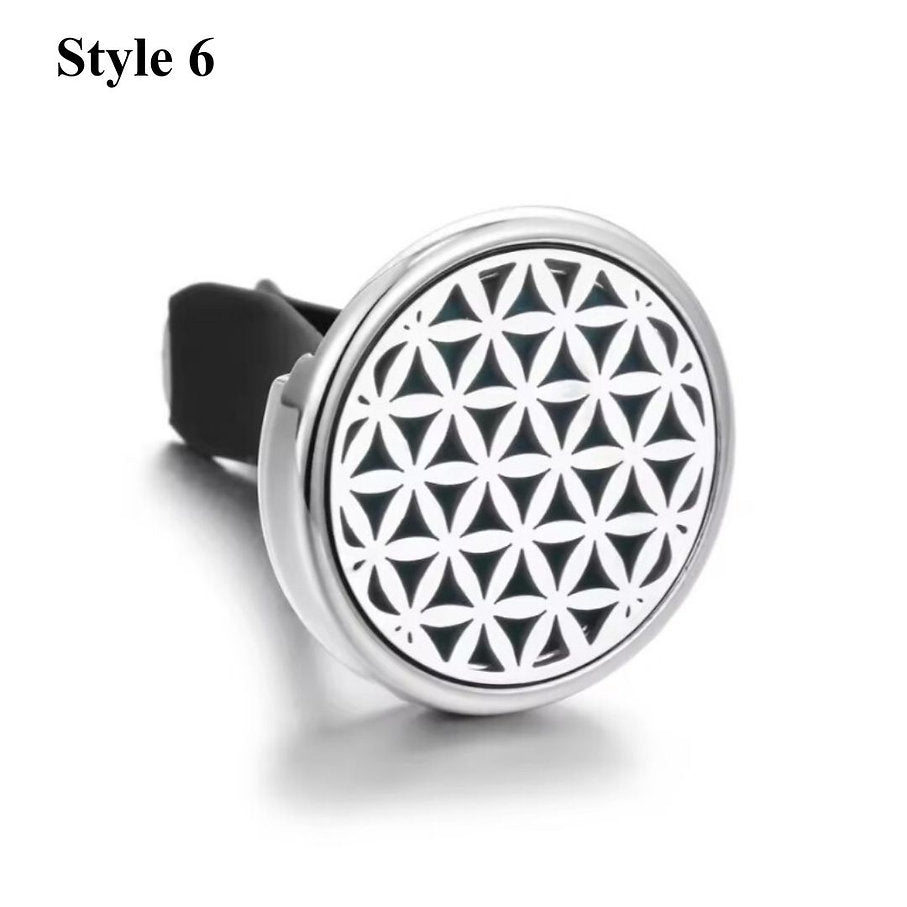 Flower of Life aromatherapy car diffuser in silver, offering a unique sacred geometry pattern for essential oil diffusion.