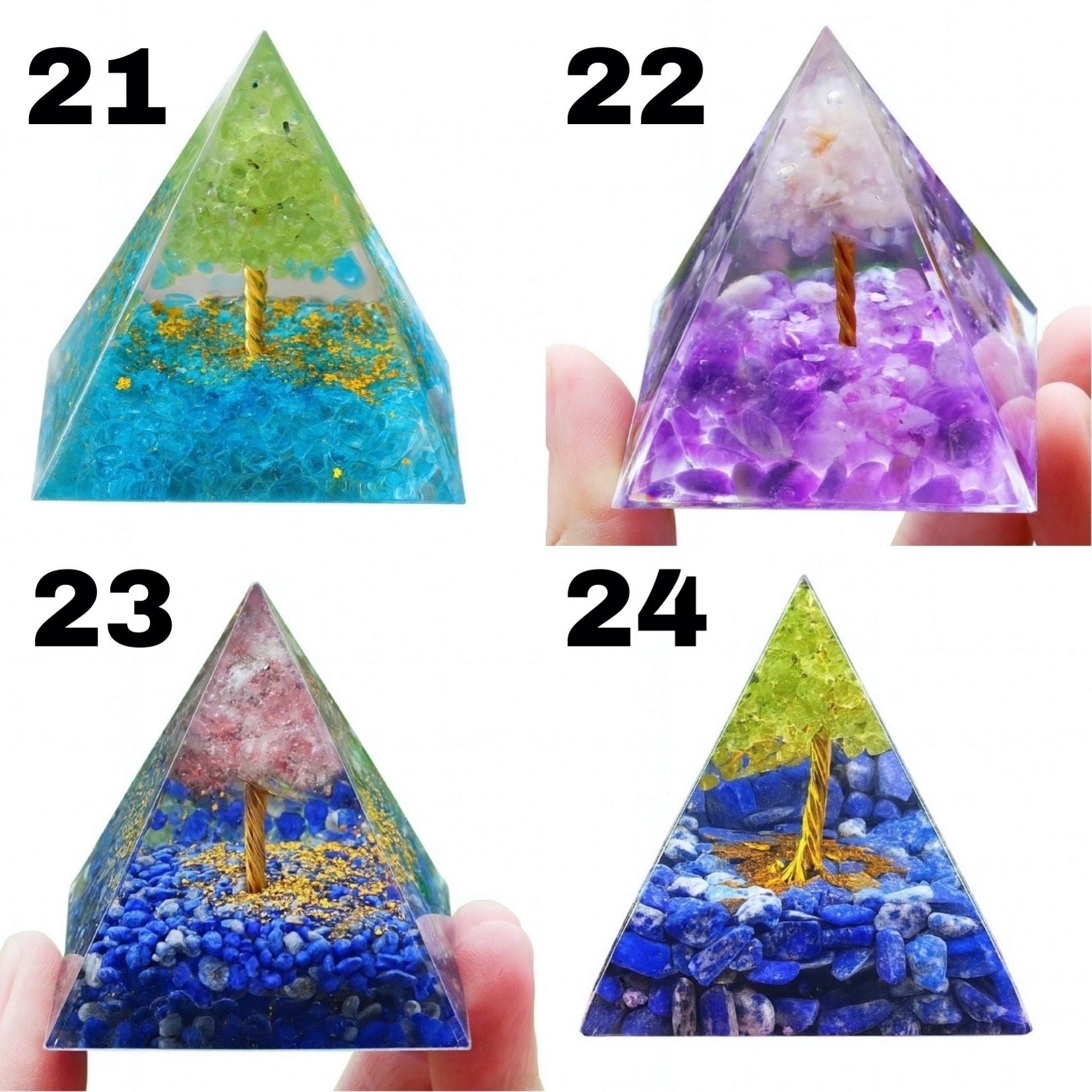 Four Orgonite Pyramids, each featuring a unique tree design with vibrant colours and intricate details.