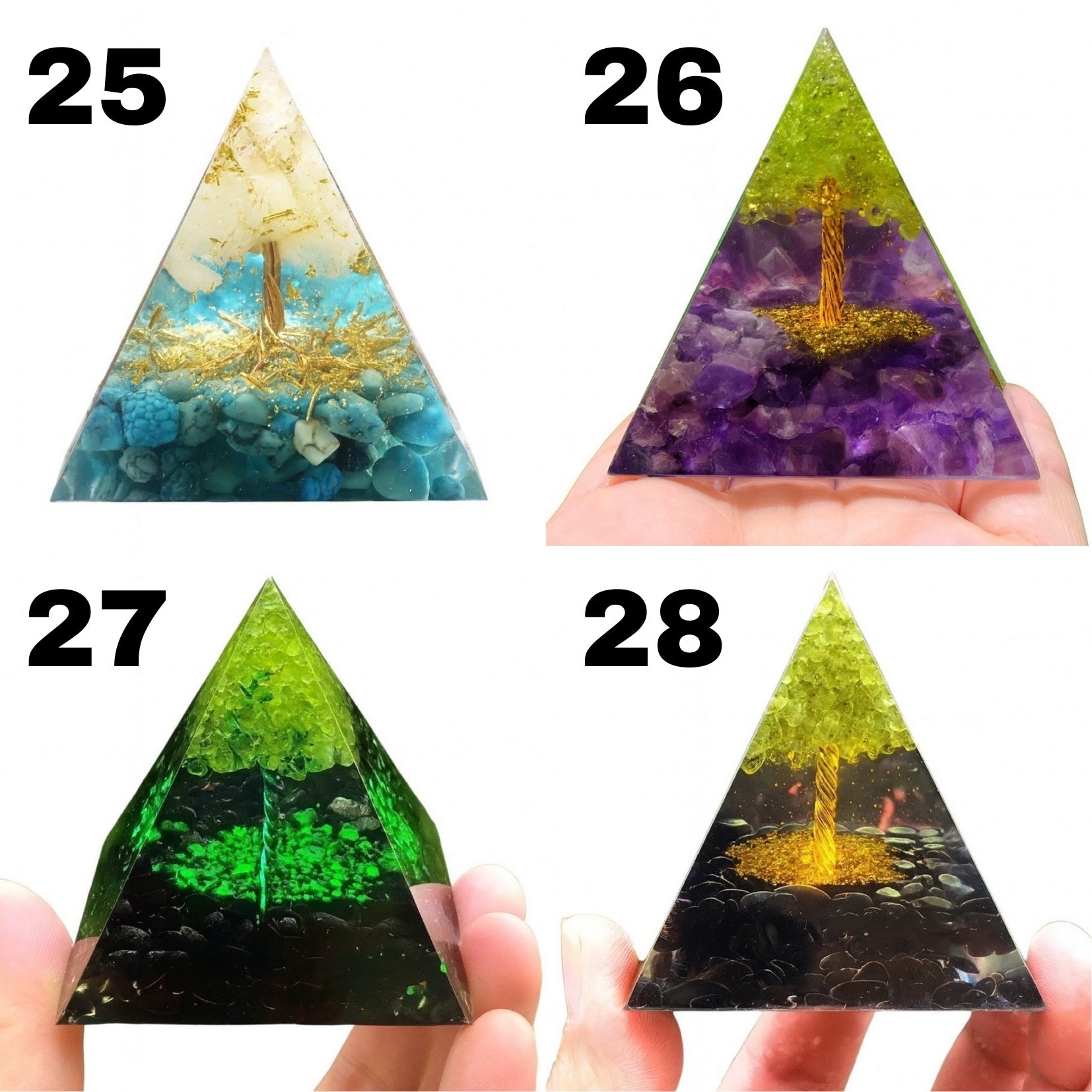 Four Orgonite Pyramids, each showcasing a distinct tree design with different artistic elements