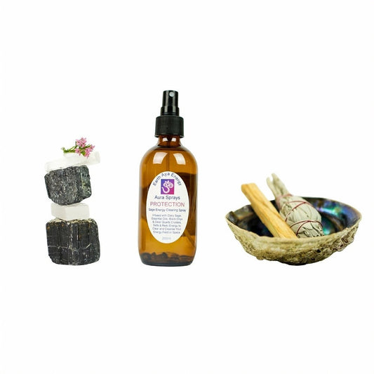 Full Smudge and Protection Kit including White Sage, Palo Santo, Abalone Shell, Black Tourmaline, Selenite, and Sage Spray