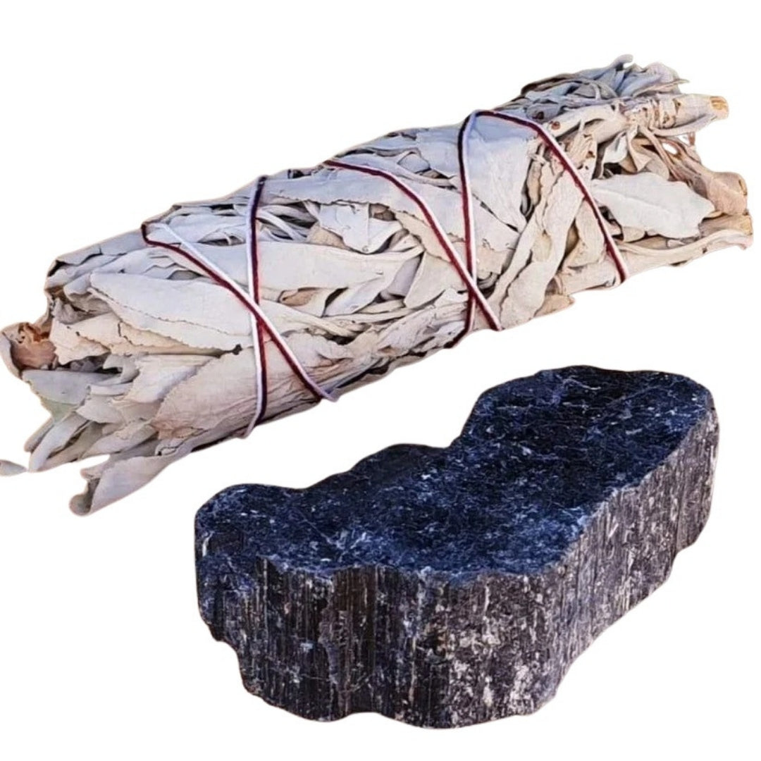 Home cleansing and protection set, includes a large Black Tourmaline crystal and an ethically sourced White Sage Smudge Stick