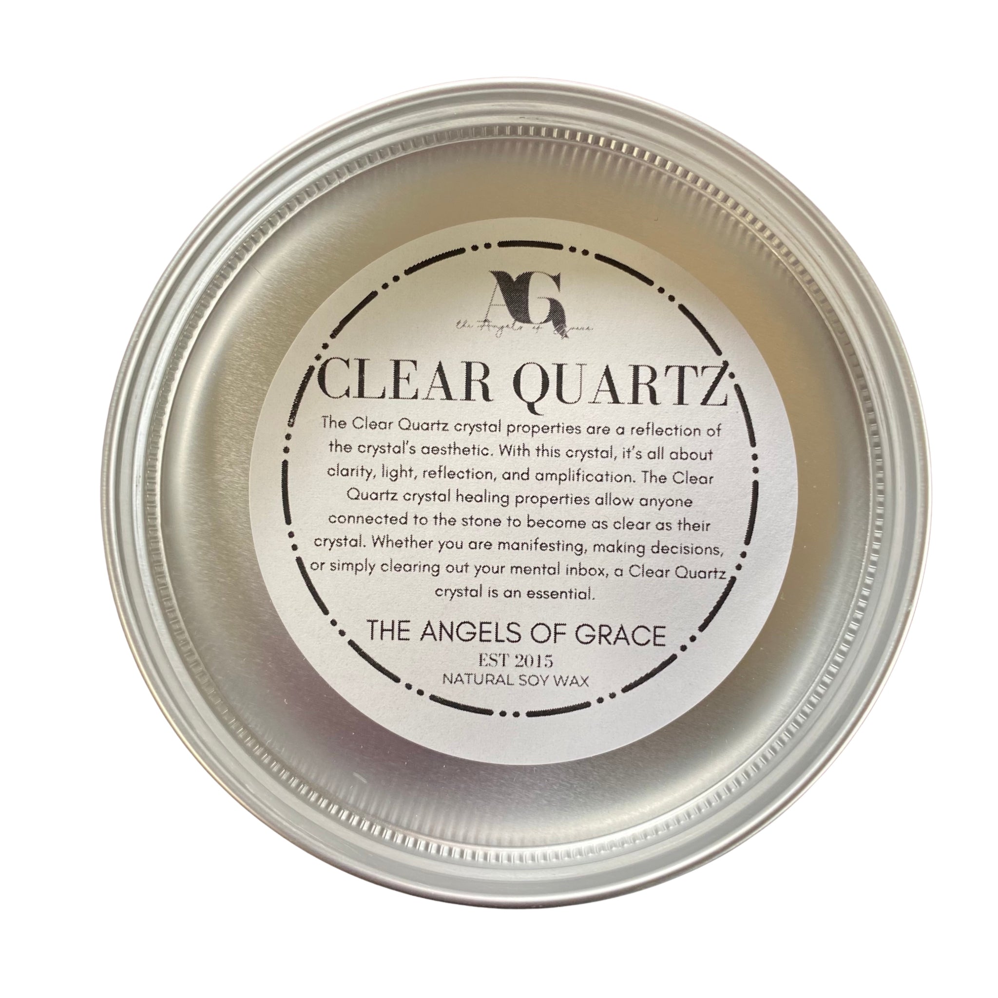 Inside of Lemon Myrtle Soy Wax Candle lid listing the properties of Clear Quartz Crystal