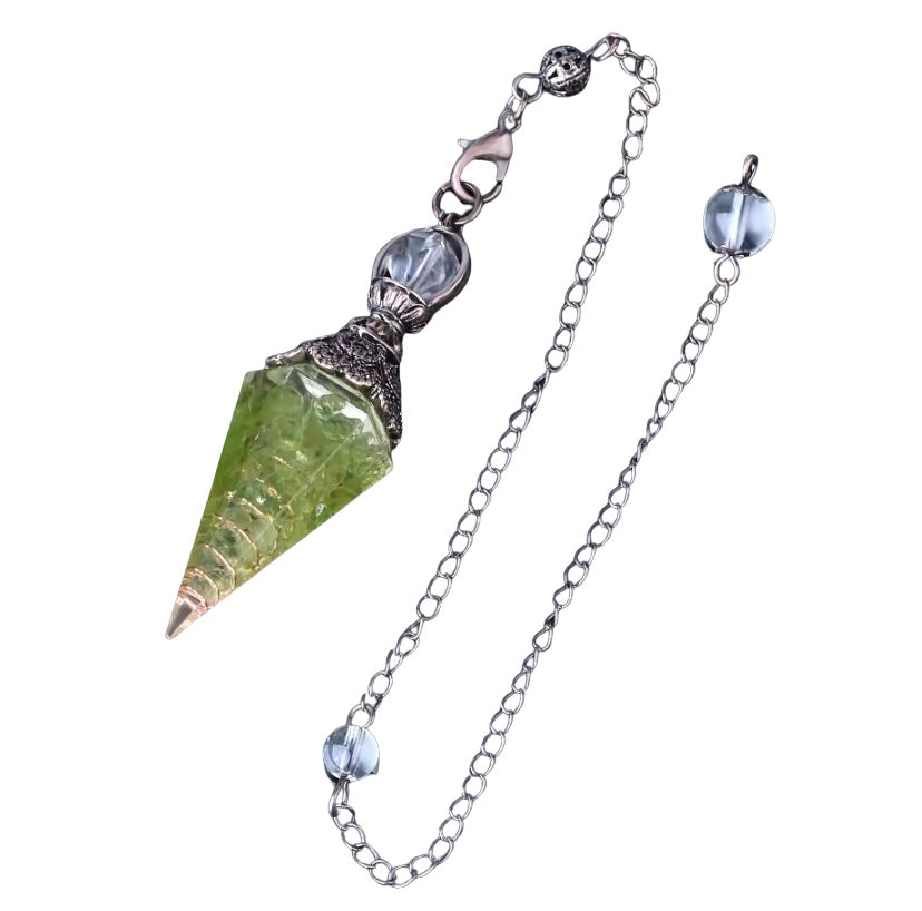 Olivine Orgonite Pendulum with Peridot crystal chips and copper coil – designed for energy healing and divination