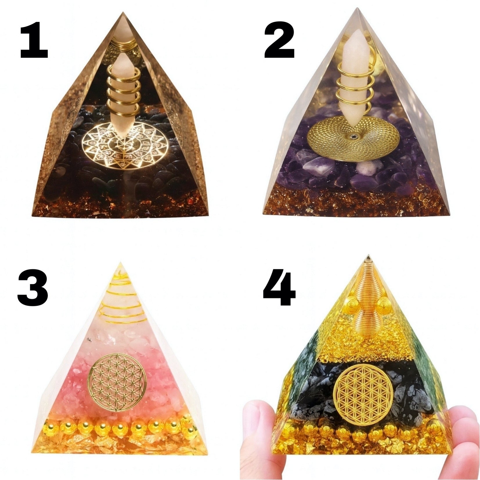 Orgonite Pyramids with layered crystals and metallic elements, designed to convert negative energy into positive energy.