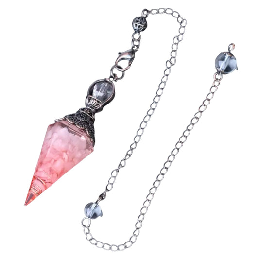 Rose Quartz Orgonite Pendulum with soft pink crystal chips, copper coil and rustic chain for energy healing