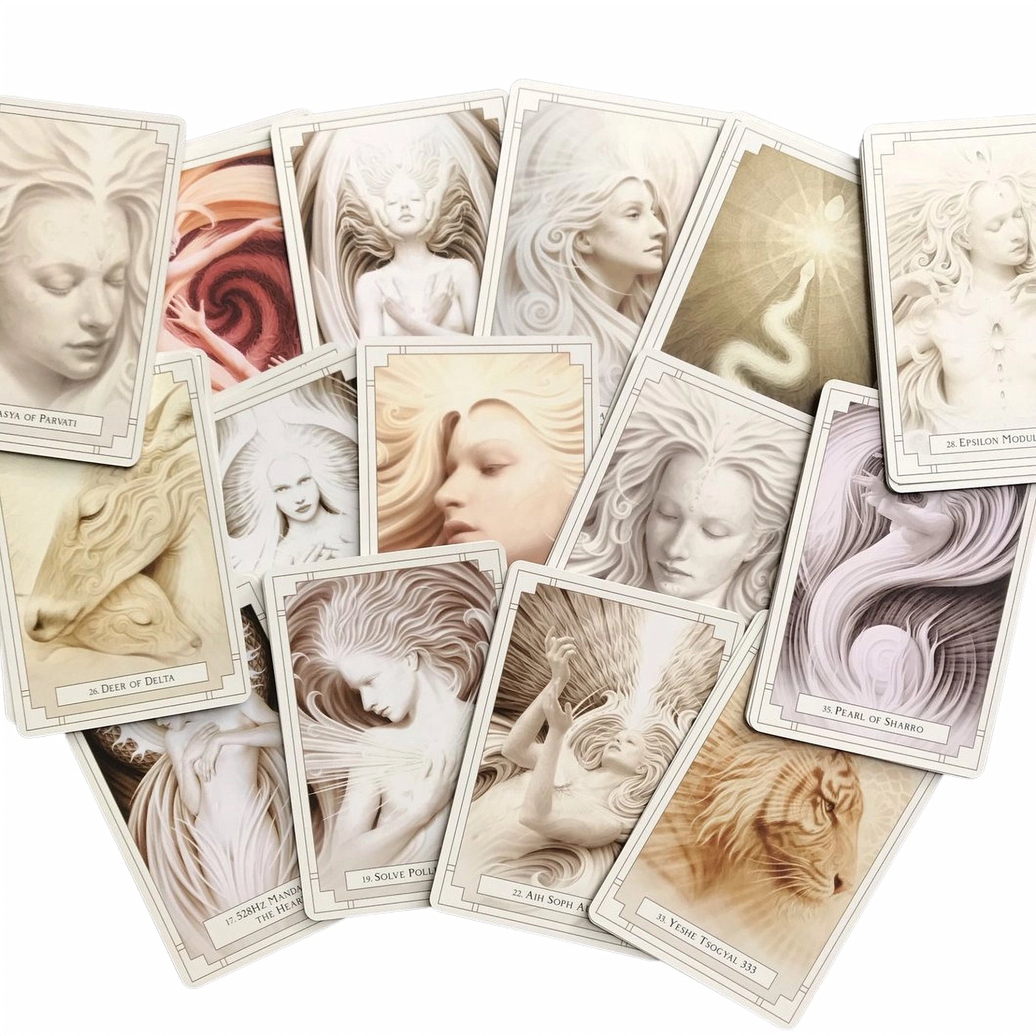 Several cards from the White Light Oracle deck featuring radiant, high-vibrational artwork.