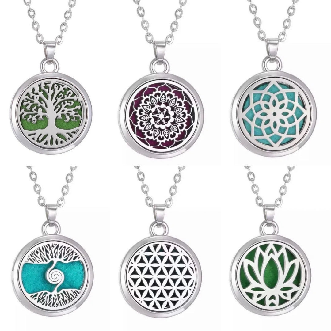 Six Aromatherapy Diffuser Necklaces – A variety of stainless steel essential oil diffuser necklaces designs.