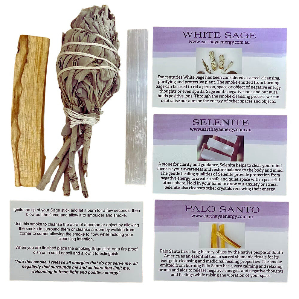 Smudging Kit with sustainably sourced Sage Smudge Sticks, Palo Santo, and Selenite for home and spiritual cleansing.