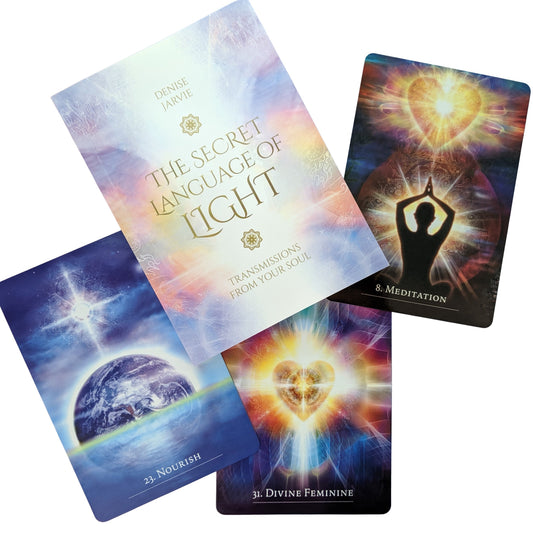 The Secret Language of Light Oracle set with guidebook, deck, and box.