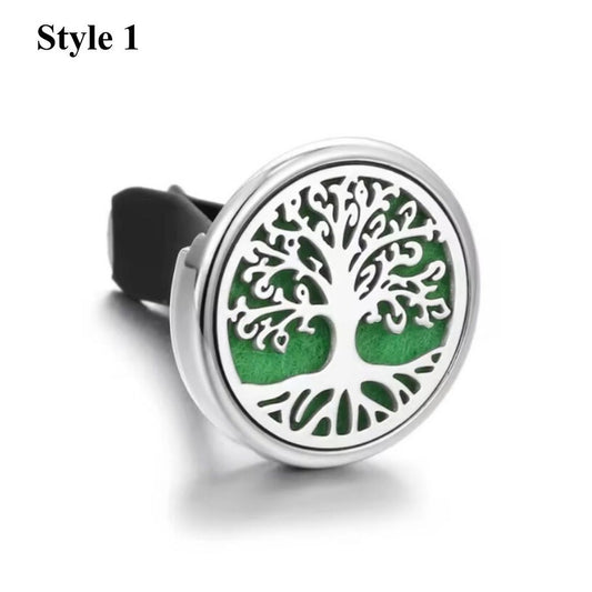 Tree of Life aromatherapy car diffuser in silver, crafted from 316L stainless steel with intricate tree detail.
