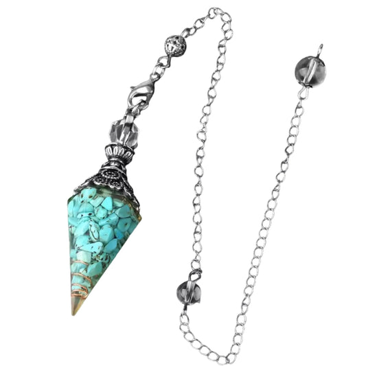 Turquoise Orgonite Pendulum with copper spiral and blue-green crystal chips, set in resin with a silver chain