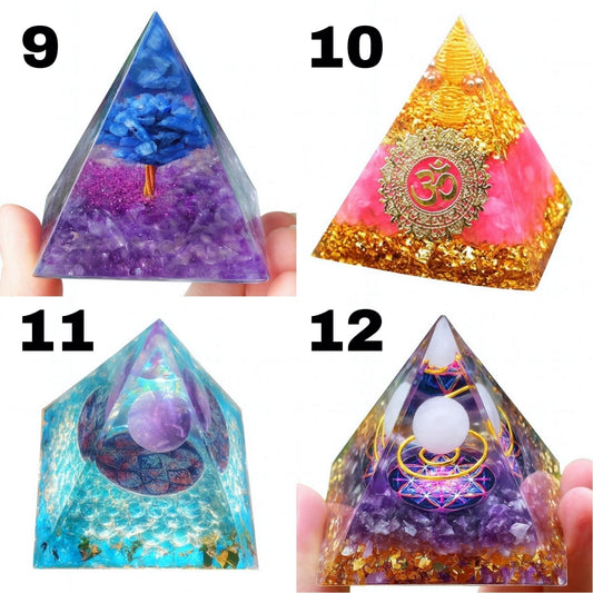 Vibrant Orgonite Pyramid infused with Crystals and metal shavings, enhancing energy healing and spiritual alignment.